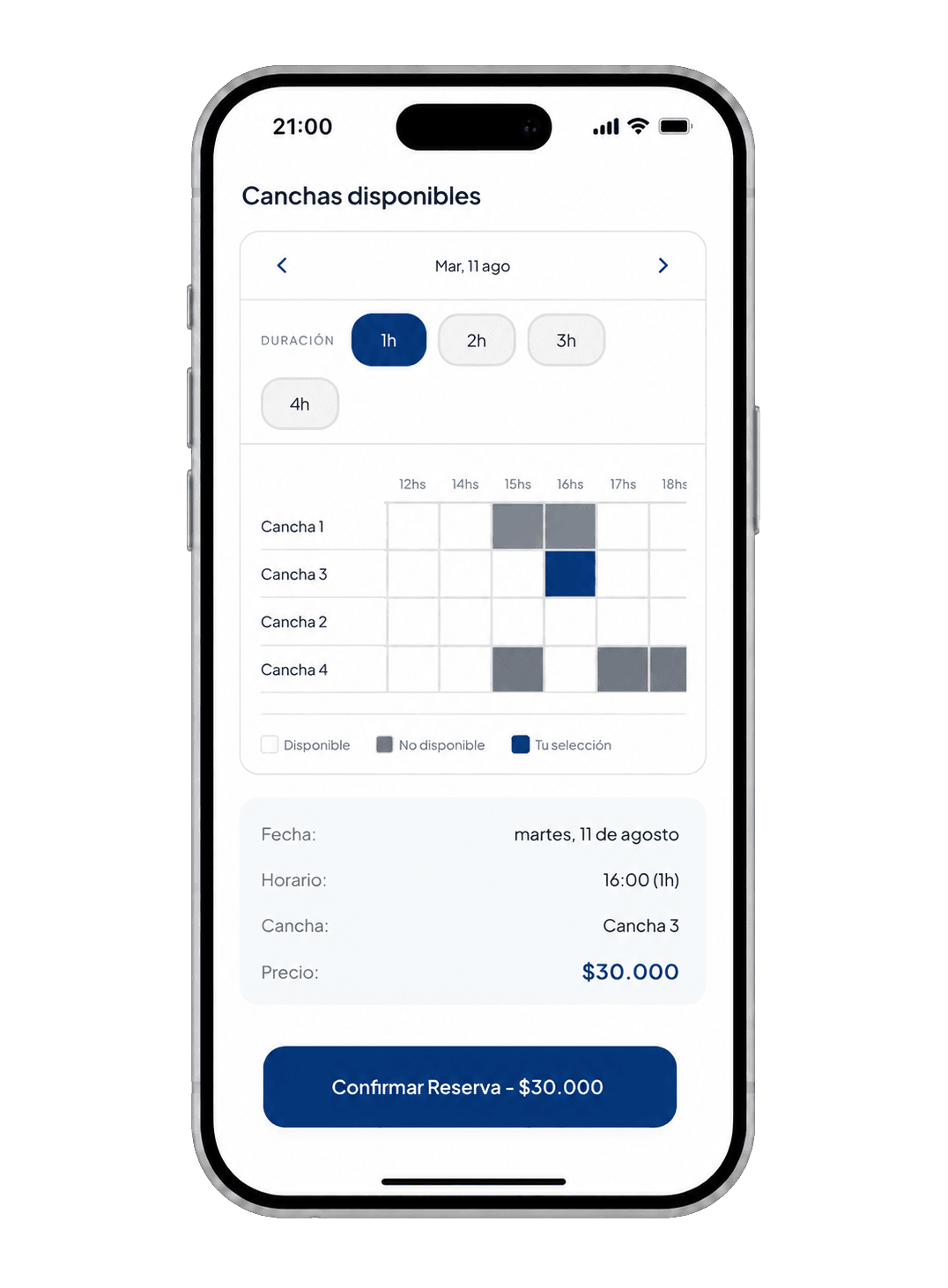 Elegí tu cancha y horario en la grilla de reservas de la app